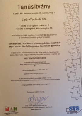 cégünk tanusítványa
